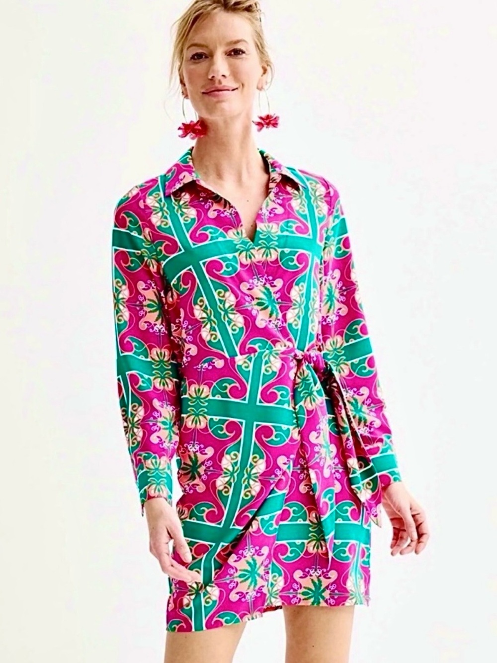 Intempo Women’s Pink & Teal Tropical Print Tie-Waist Wrap Dress Size M NWT